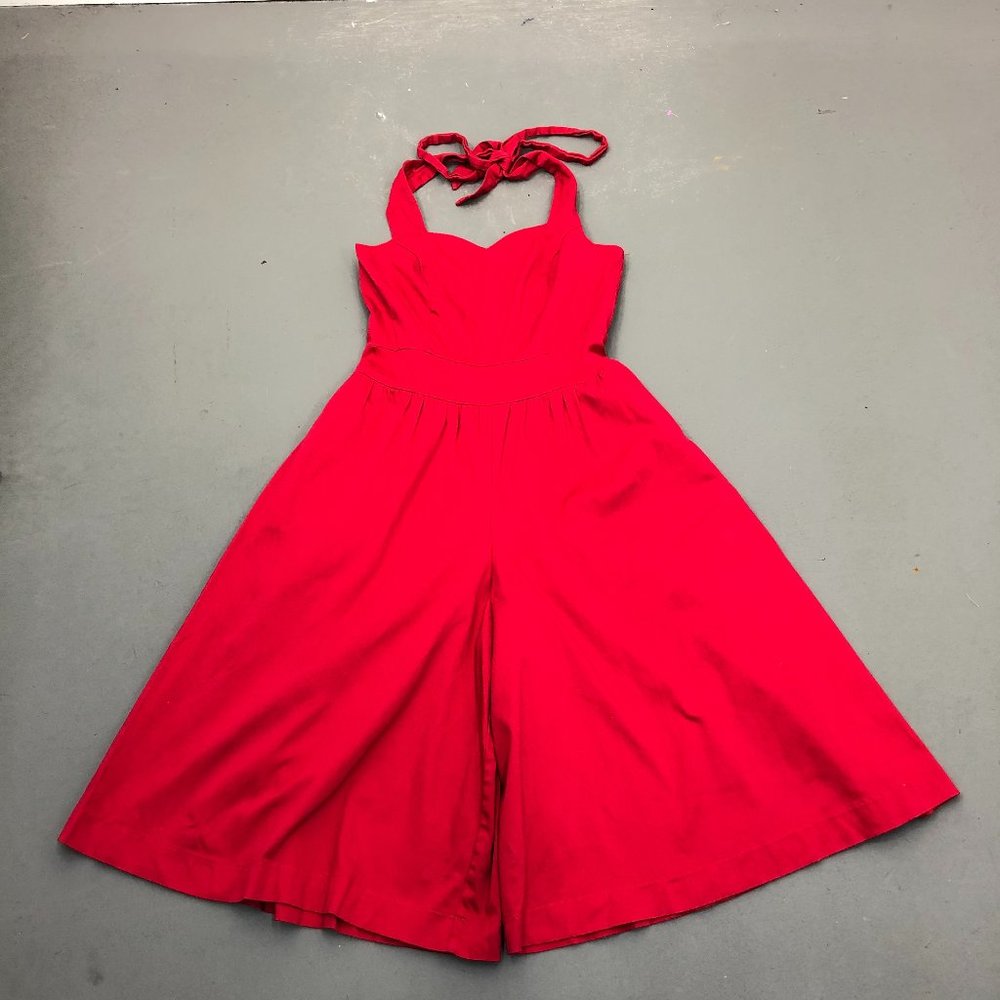Unique Vintage Red Halter Wide Flare Leg Jumpsuit